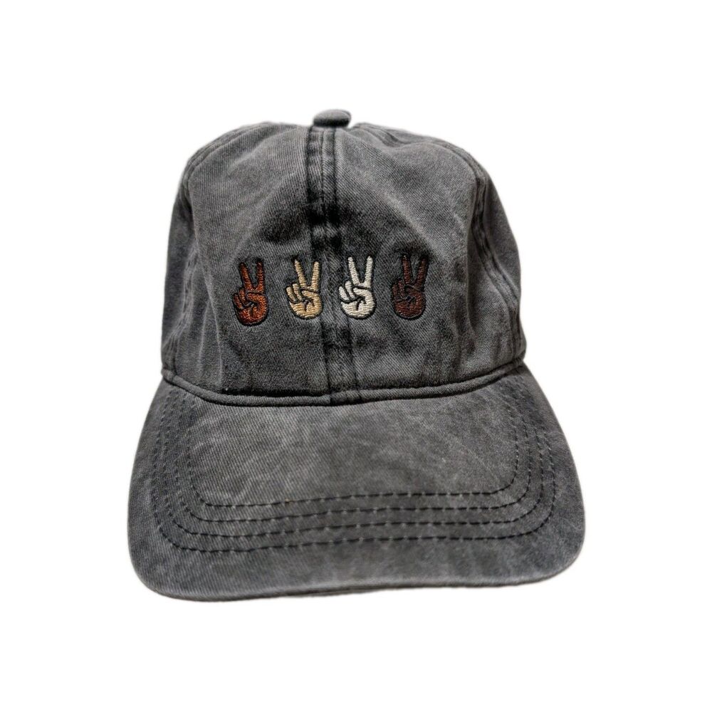 David and Young Peace Sign Hand Gestures Embroidered Acid Wash Hat Cap